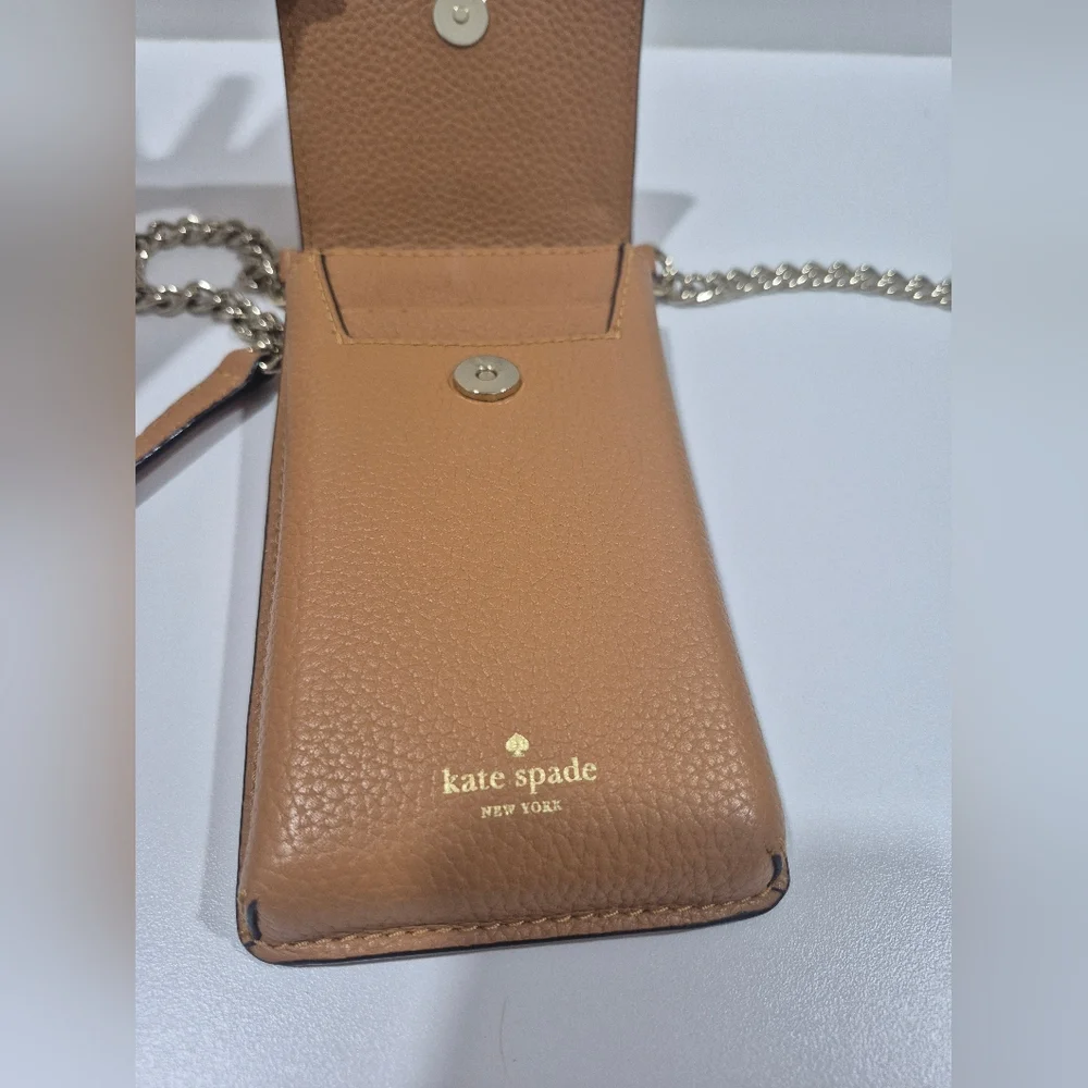 Kate Spade Tan Brown Leather North South Phone Crossbody Bag Purse